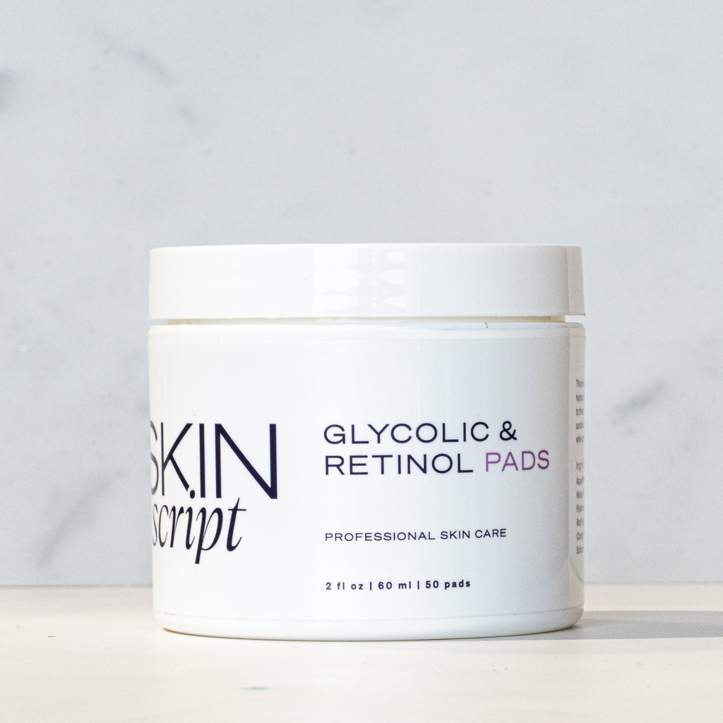 Jar of Skin Script Glycolic & Retinol Pads on a light gray background
